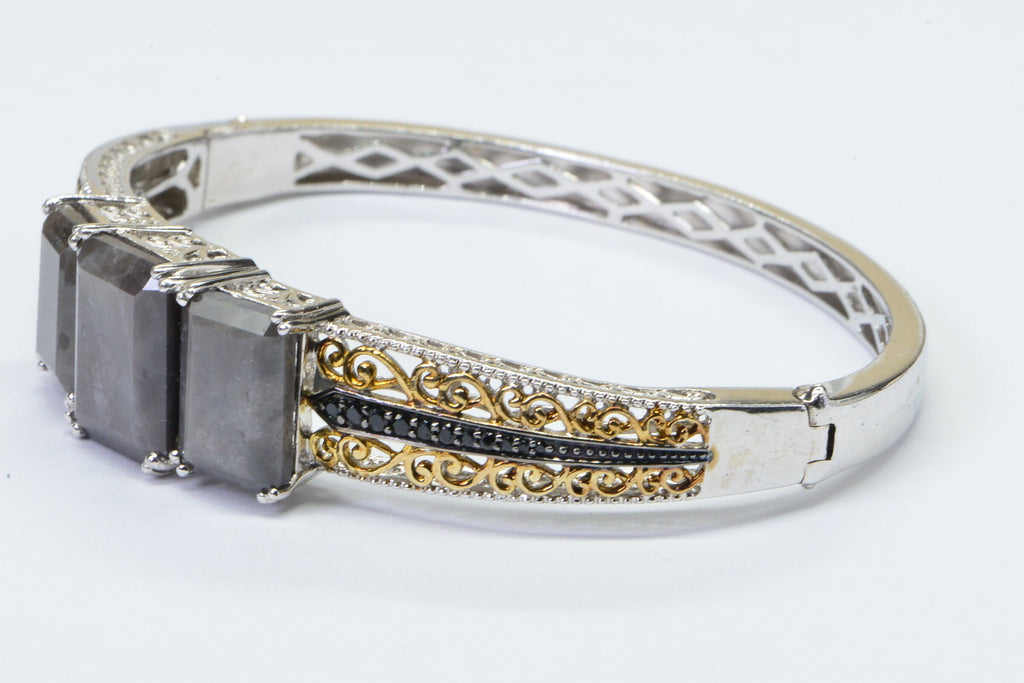 Silver Filigree Bangle Bracelet: Sapphire & Black Spinel, Vintage Style