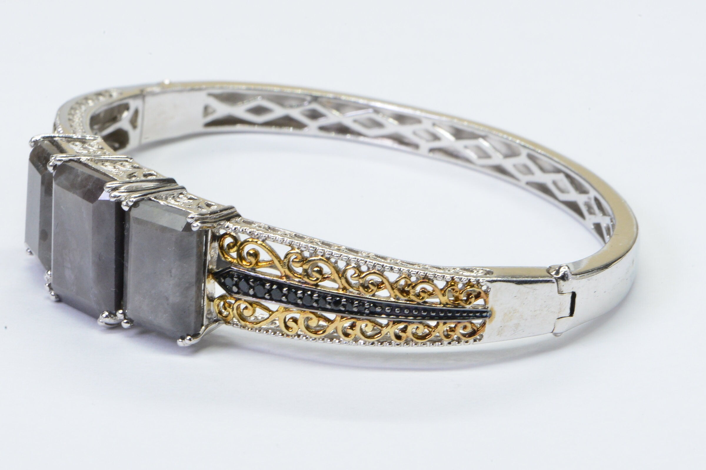 Silver Filigree Bangle Bracelet: Sapphire & Black Spinel, Vintage Style