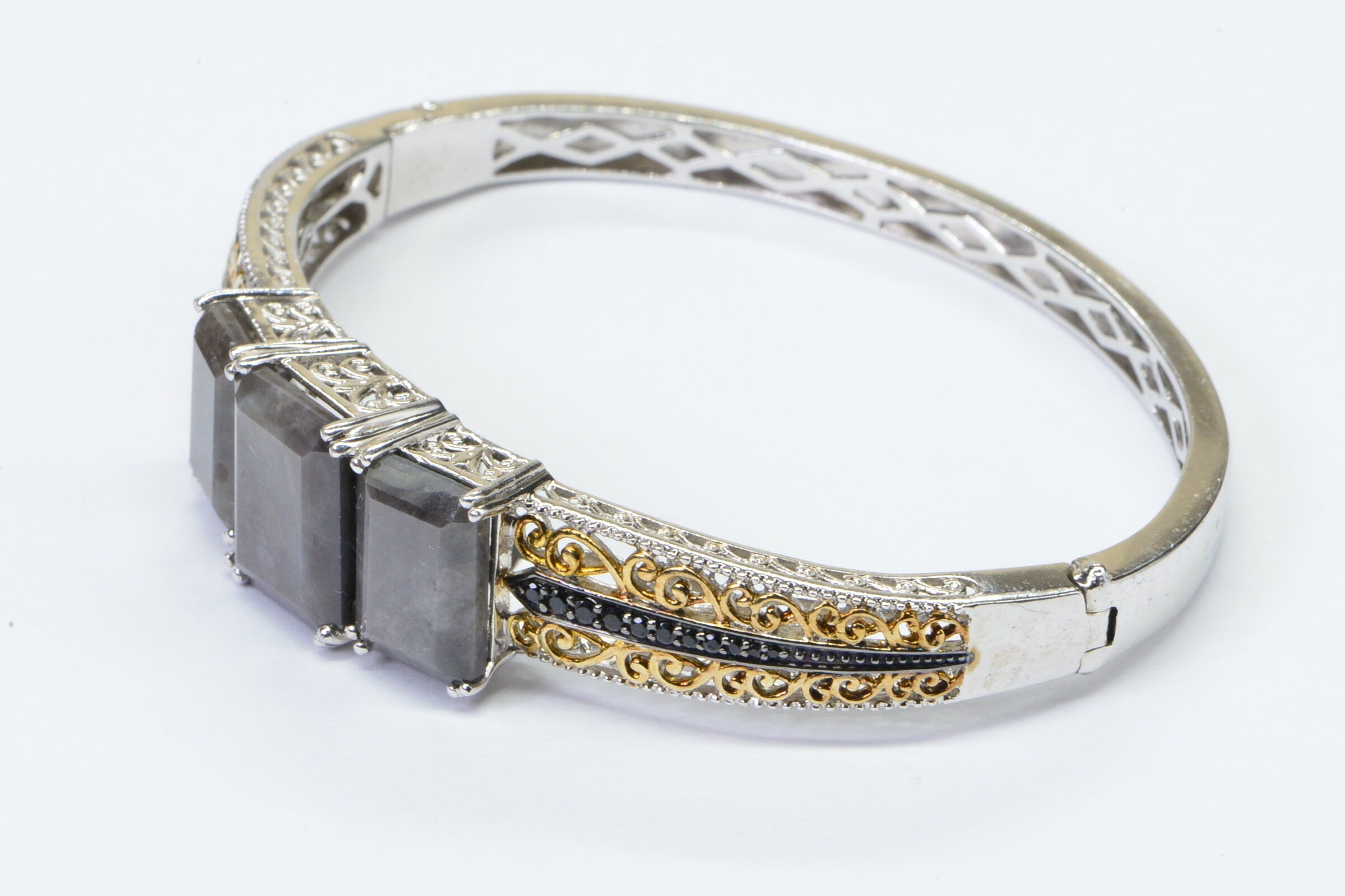 Silver Filigree Bangle Bracelet: Sapphire & Black Spinel, Vintage Style