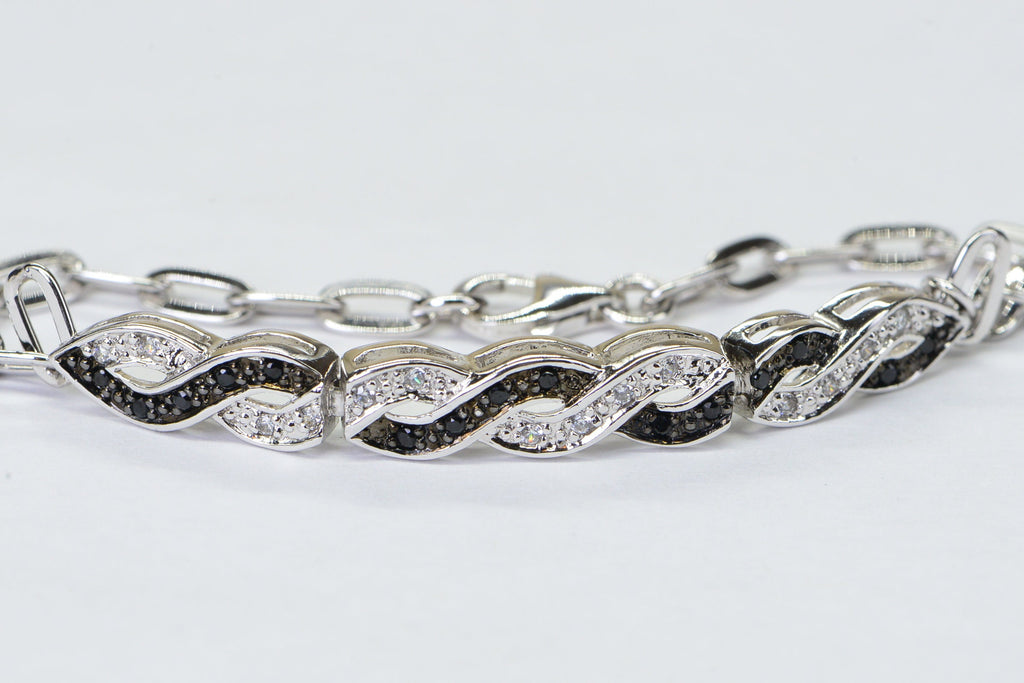 Black and White  Diamond Infinity Knot Chain Sterling Silver Bracelet
