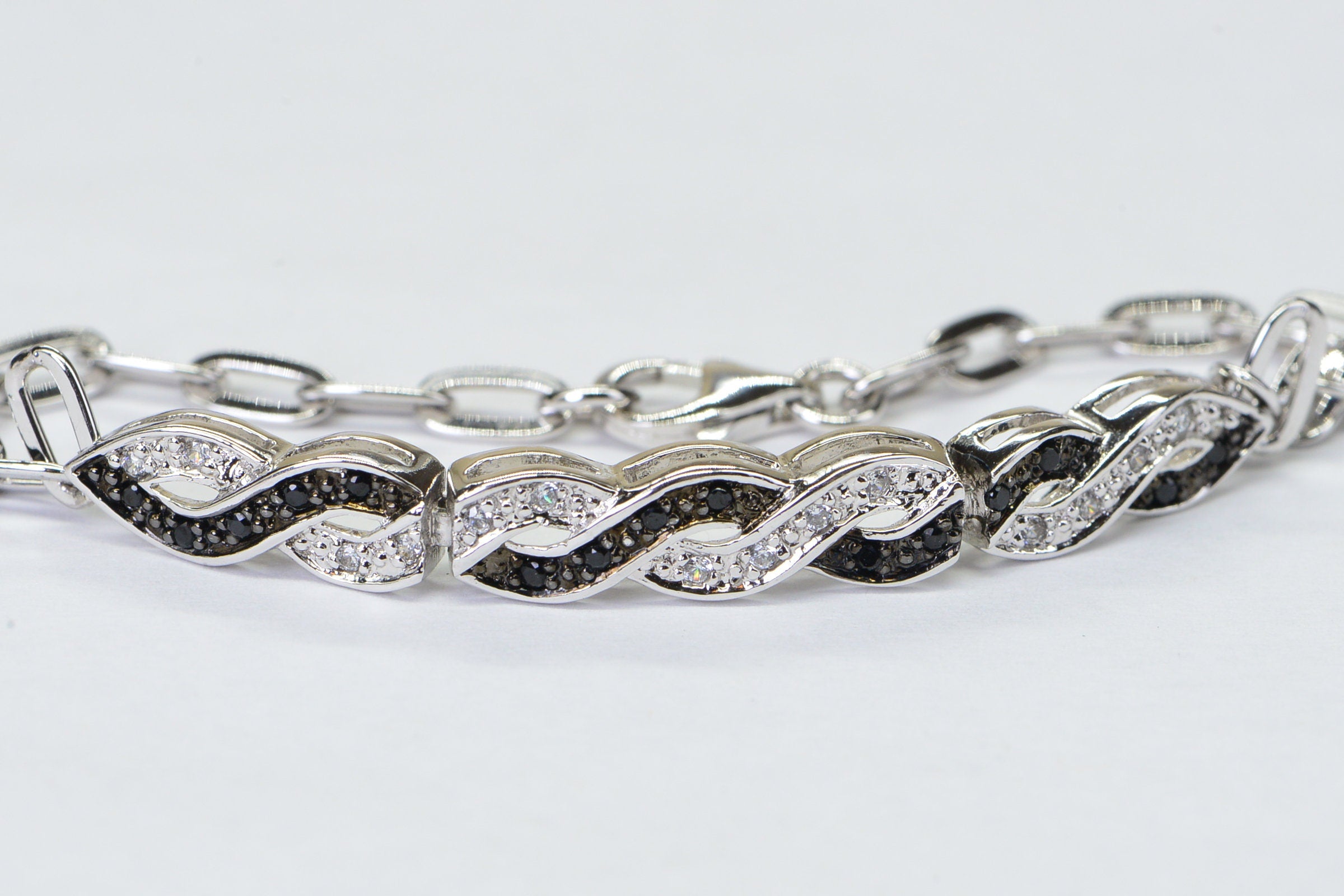 Black and White  Diamond Infinity Knot Chain Sterling Silver Bracelet