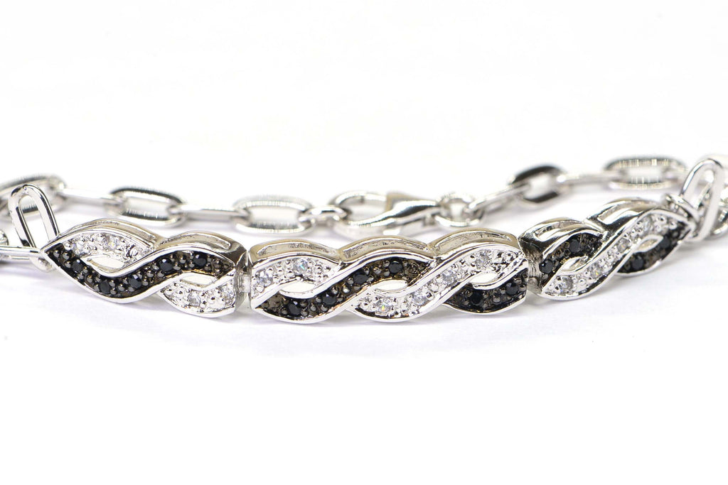 Black and White  Diamond Infinity Knot Chain Sterling Silver Bracelet