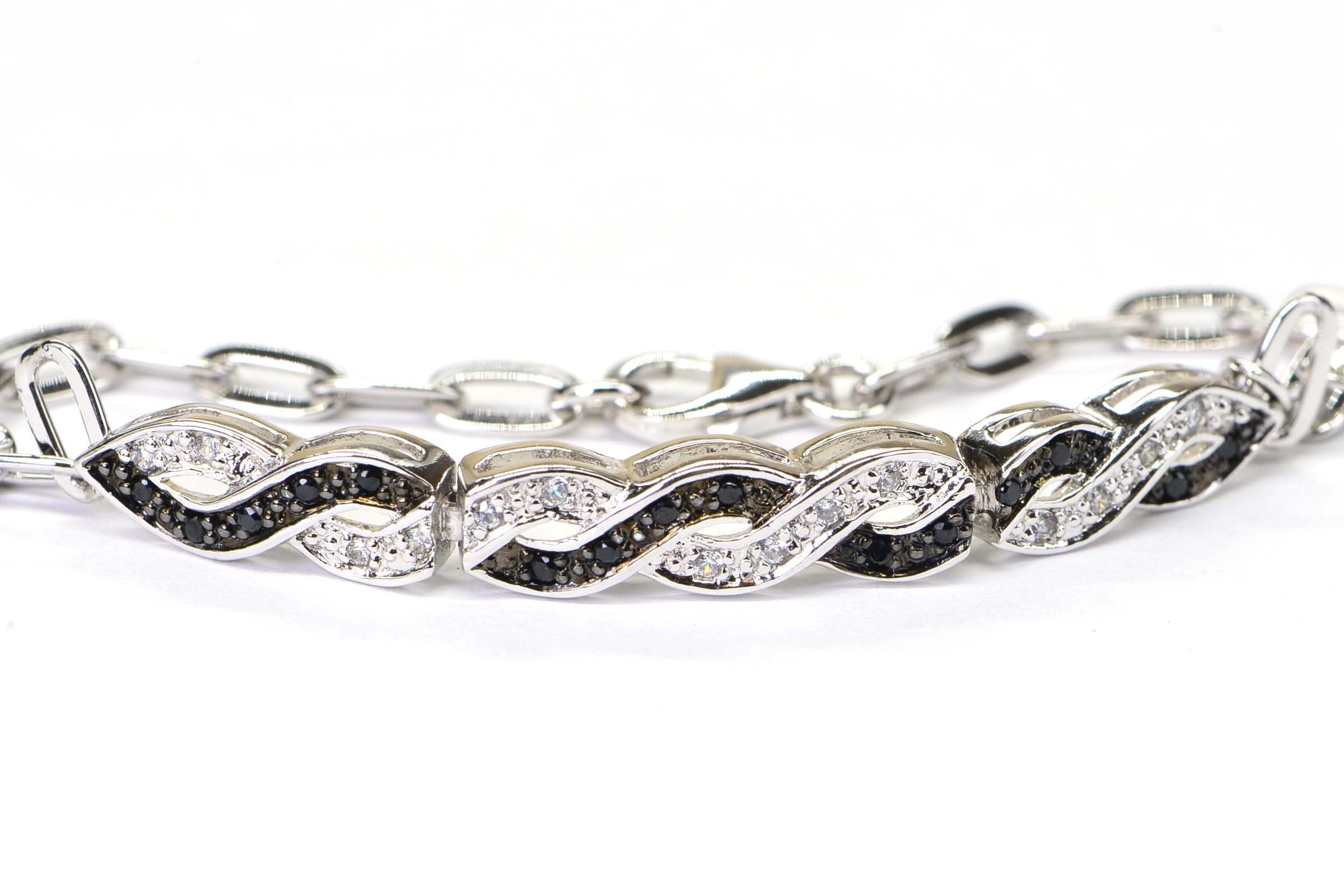 Black and White  Diamond Infinity Knot Chain Sterling Silver Bracelet