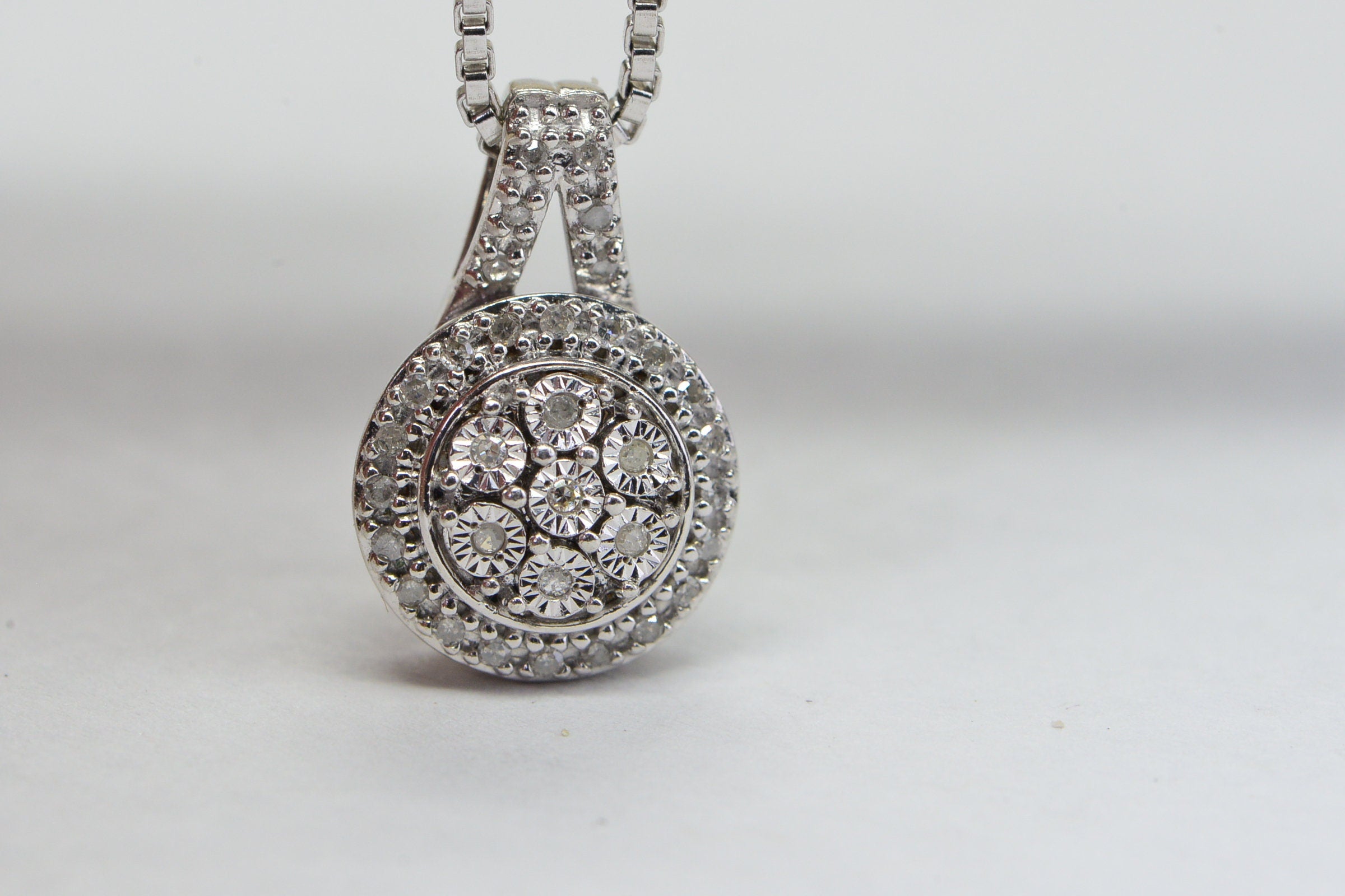 Small Diamond Cluster Pendant: Sterling Silver Estate Jewelry