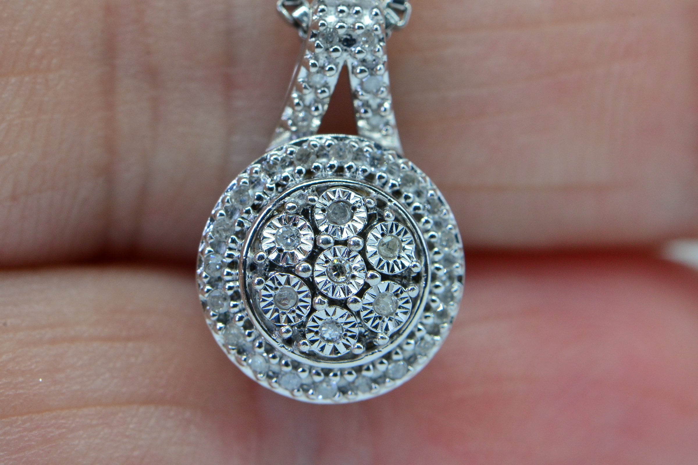 Small Diamond Cluster Pendant: Sterling Silver Estate Jewelry