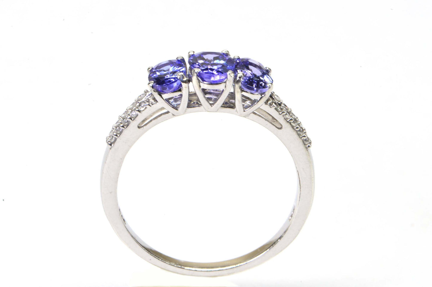 Tanzanite Three Stone Ring: Diamond Accent, 14K White Gold Over Sterling Silver