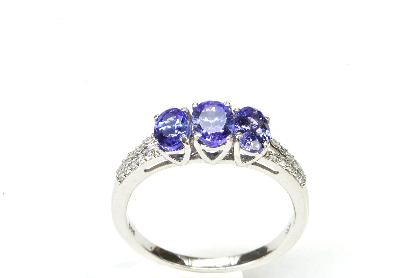 Tanzanite Three Stone Ring: Diamond Accent, 14K White Gold Over Sterling Silver