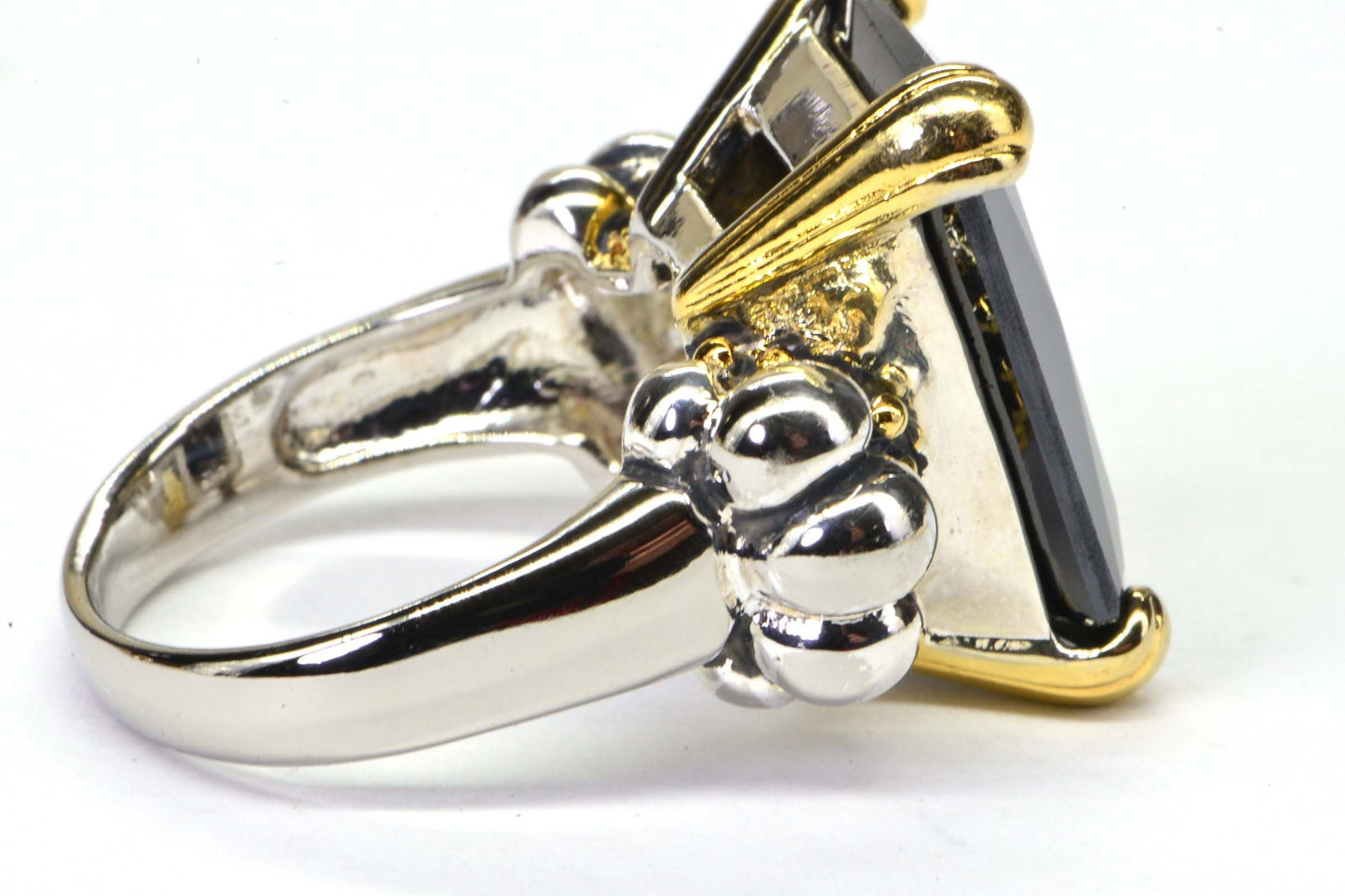 Emerald Cut Black Onyx Ring, 24K Gold & Sterling Silver Cocktail Ring