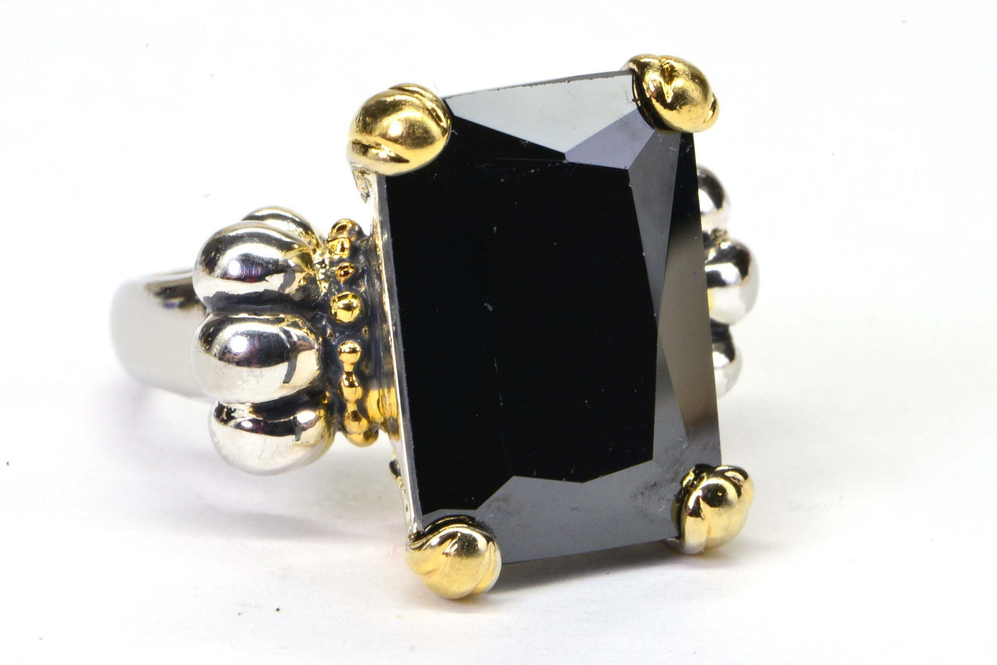 Emerald Cut Black Onyx Ring, 24K Gold & Sterling Silver Cocktail Ring