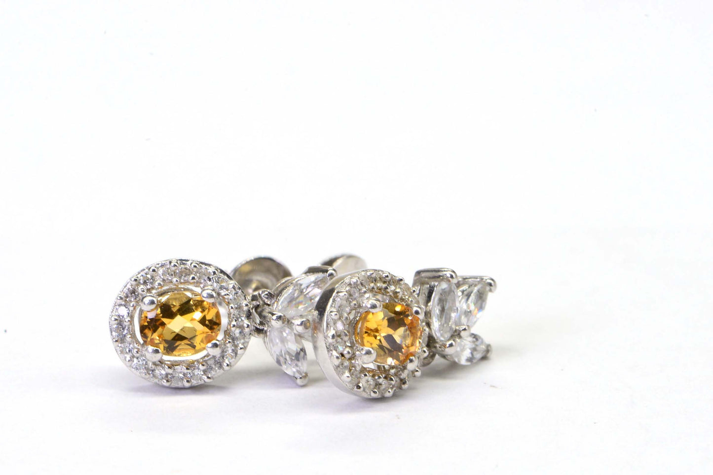 Citrine Stud Earrings, Halo Diamond, Sterling Silver Flower