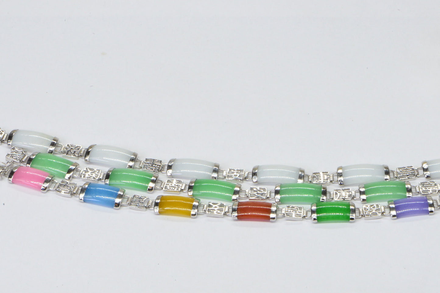 Burmese Multi-Color Jade Sterling Silver Link Bracelet
