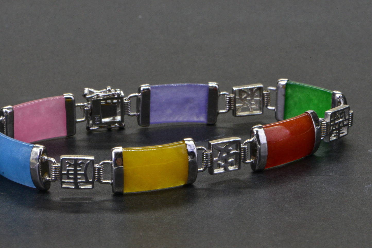 Burmese Multi-Color Jade Sterling Silver Link Bracelet