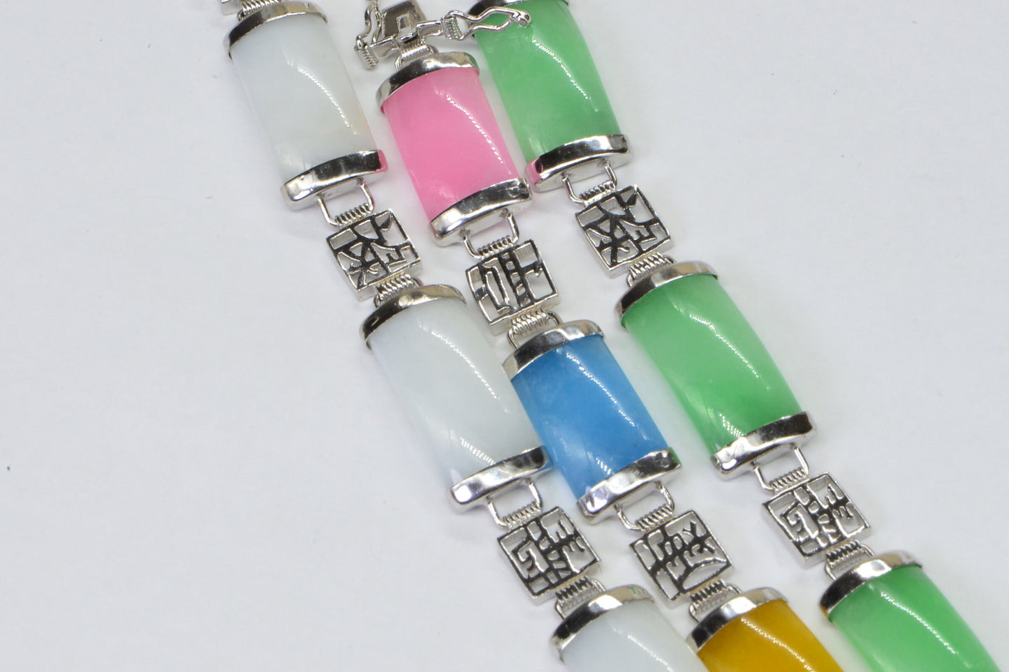 Burmese Multi-Color Jade Sterling Silver Link Bracelet