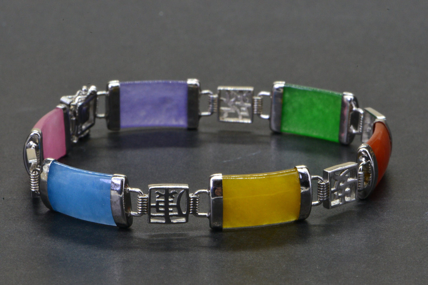 Burmese Multi-Color Jade Sterling Silver Link Bracelet