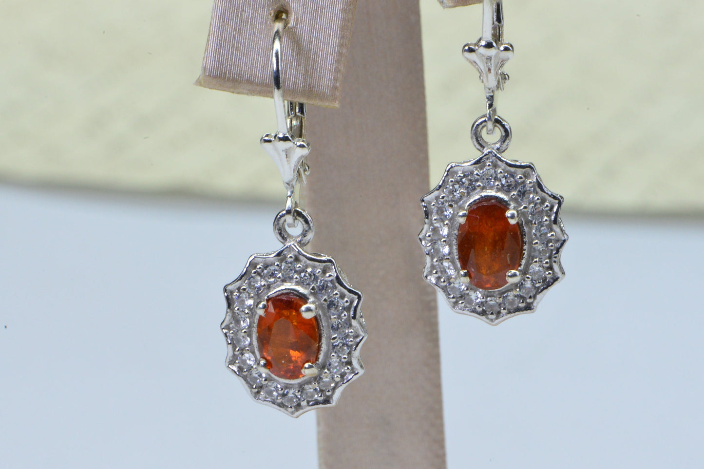 Mexican Fire Opal Sterling Silver Dangle Earrings: Diamond Halo, Vintage Style