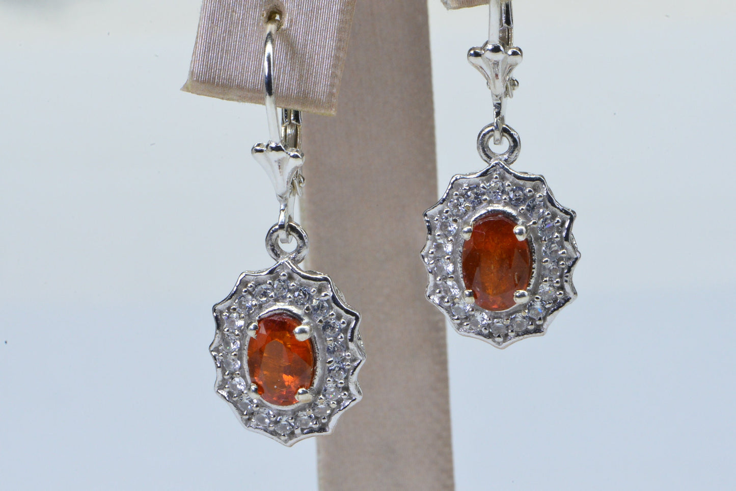 Mexican Fire Opal Sterling Silver Dangle Earrings: Diamond Halo, Vintage Style