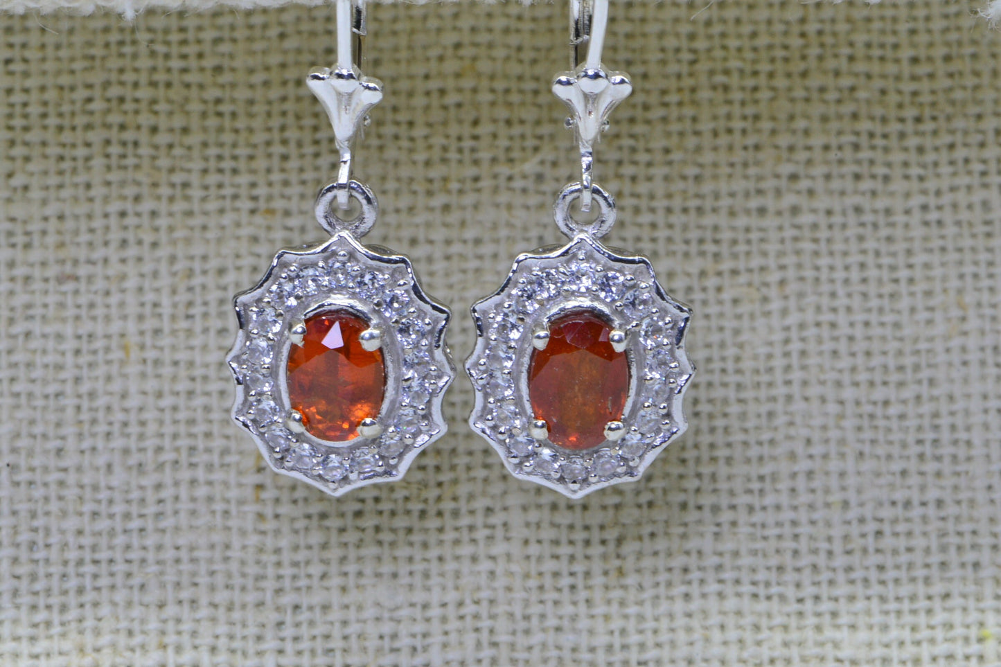 Mexican Fire Opal Sterling Silver Dangle Earrings: Diamond Halo, Vintage Style