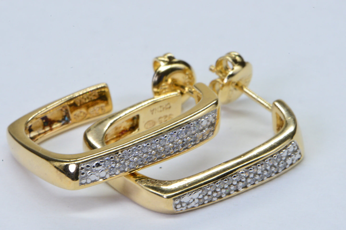 Diamond Square Hoop 14K Yellow Gold Electroplated  on 925 Sterling silver Vintage Earrings