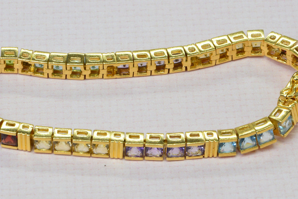 Multi Stone Bracelet: 24K Gold Vermeil Princess Cut Gemstone Tennis Bracelet