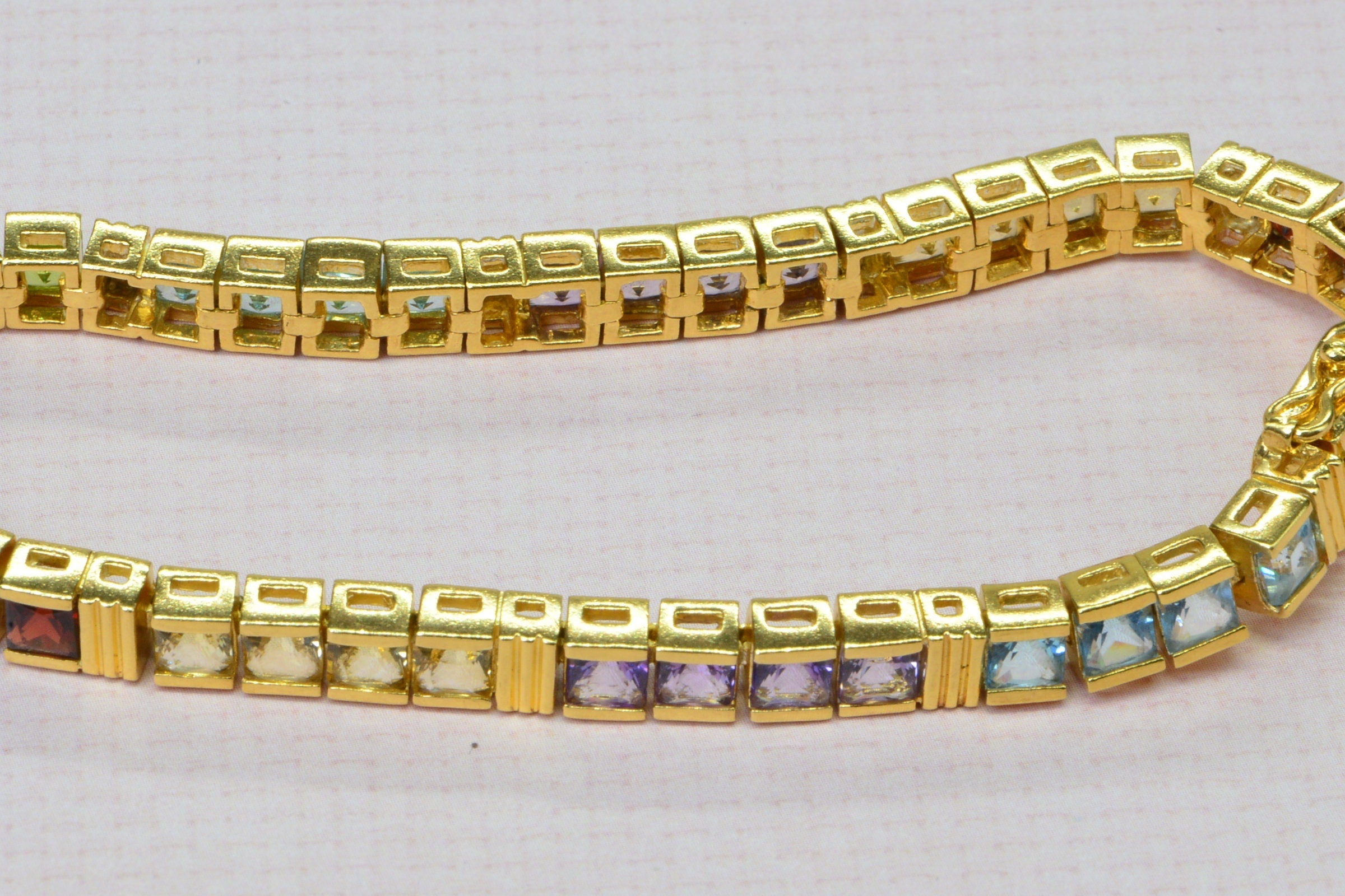 Multi Stone Bracelet: 24K Gold Vermeil Princess Cut Gemstone Tennis Bracelet