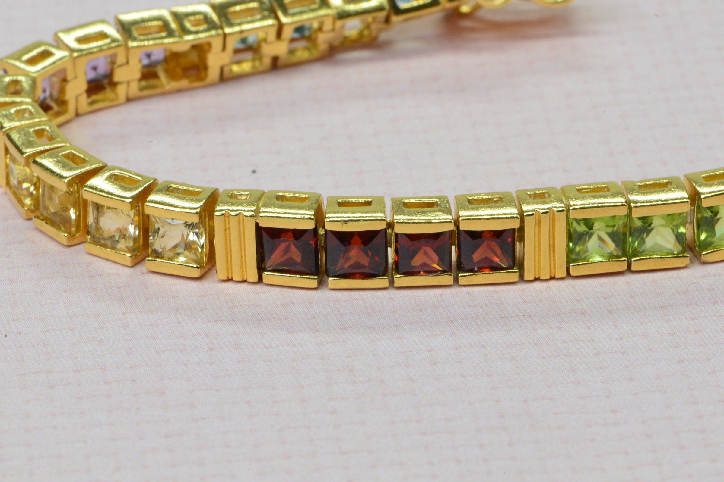 Multi Stone Bracelet: 24K Gold Vermeil Princess Cut Gemstone Tennis Bracelet