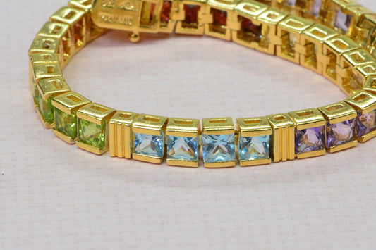 Multi Stone Bracelet: 24K Gold Vermeil Princess Cut Gemstone Tennis Bracelet