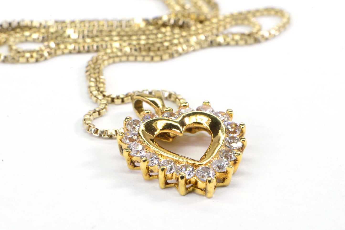 14K Gold Over Sterling Silver Heart Pendant Necklace: Simulated Diamond Vermeil Chain