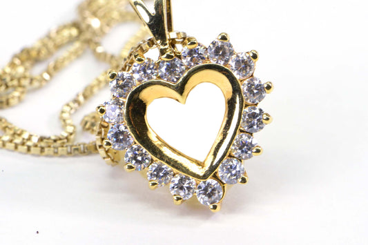 14K Gold Over Sterling Silver Heart Pendant Necklace: Simulated Diamond Vermeil Chain