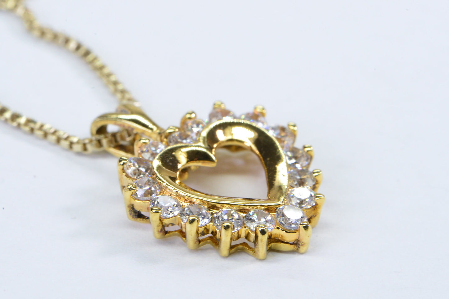 14K Gold Over Sterling Silver Heart Pendant Necklace: Simulated Diamond Vermeil Chain