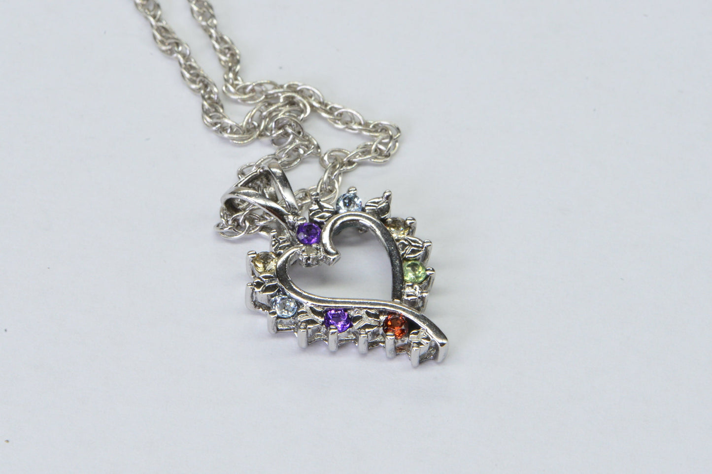 Vintage Sterling Silver Heart Pendant Necklace: Diamond, Garnet, Amethyst