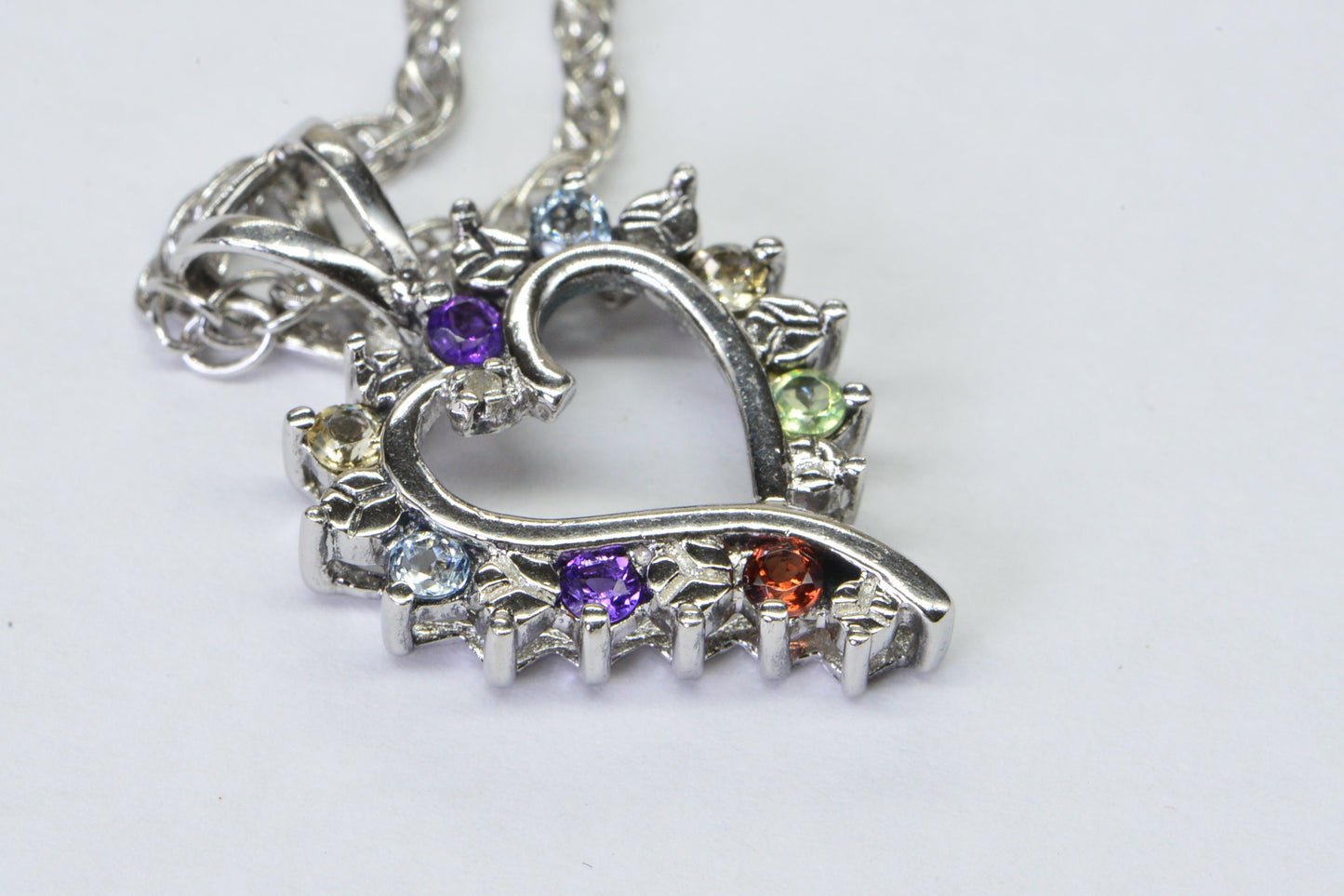 Vintage Sterling Silver Heart Pendant Necklace: Diamond, Garnet, Amethyst