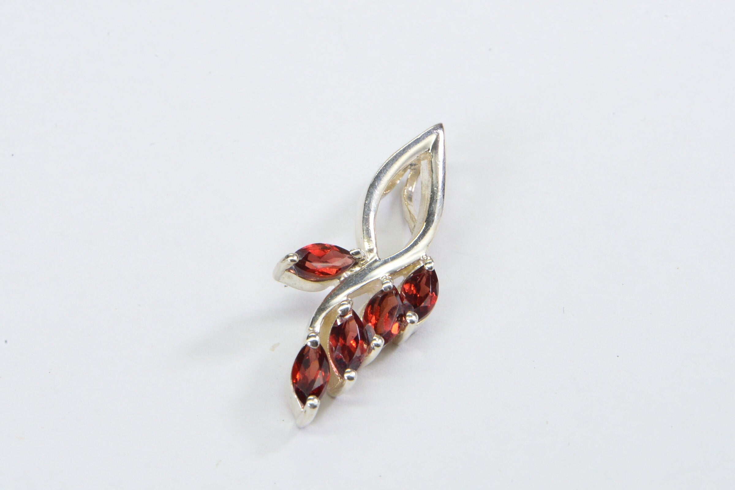 Genuine Garnet Pendant Charm  Sterling Silver Prong Set Stone Branched Marquis Cut Pendant