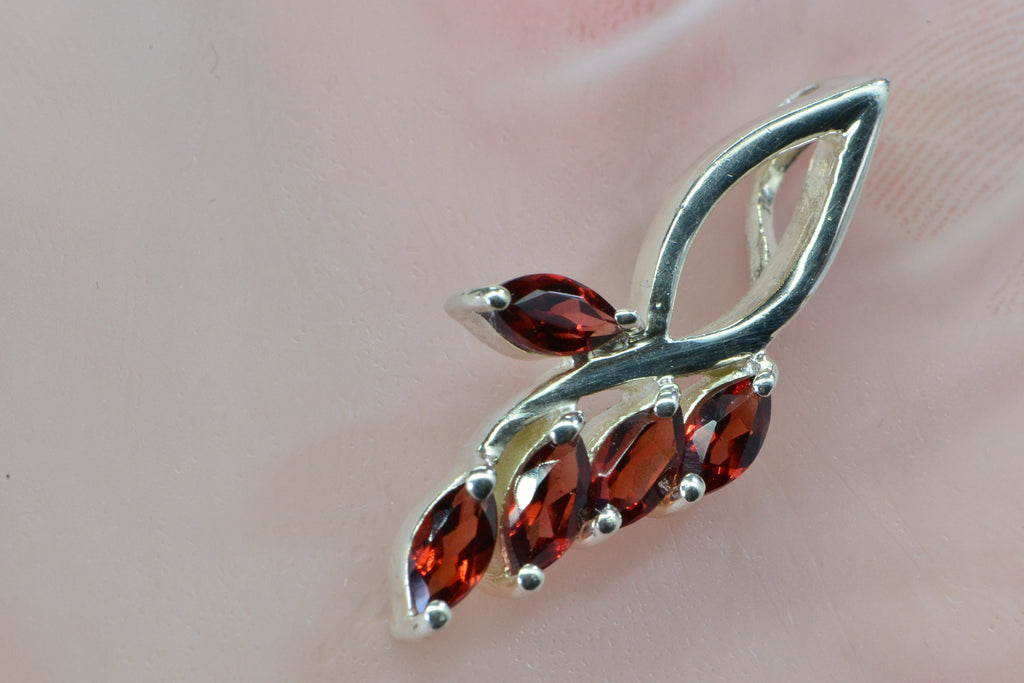 Genuine Garnet Pendant Charm  Sterling Silver Prong Set Stone Branched Marquis Cut Pendant