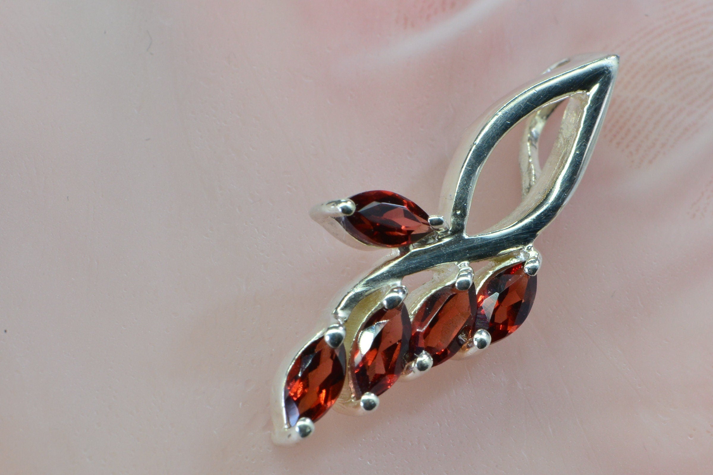 Genuine Garnet Pendant Charm  Sterling Silver Prong Set Stone Branched Marquis Cut Pendant