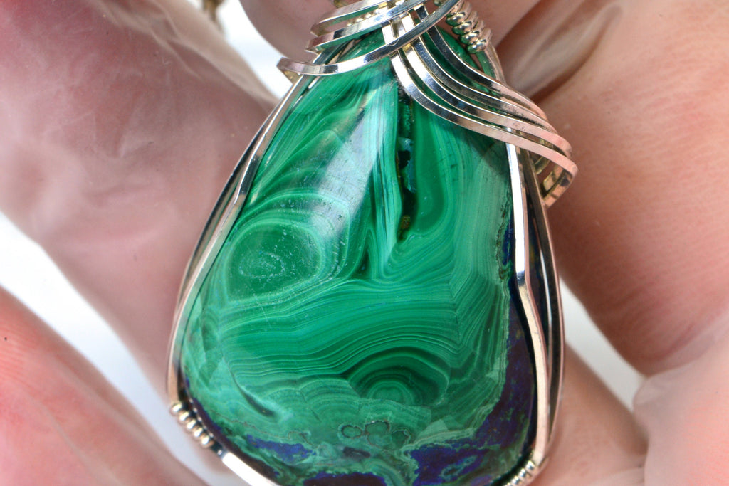 Azurite Malachite Cabochon Wire Wrapped Pendant Sterling silver Large Natural Gemstone AAA