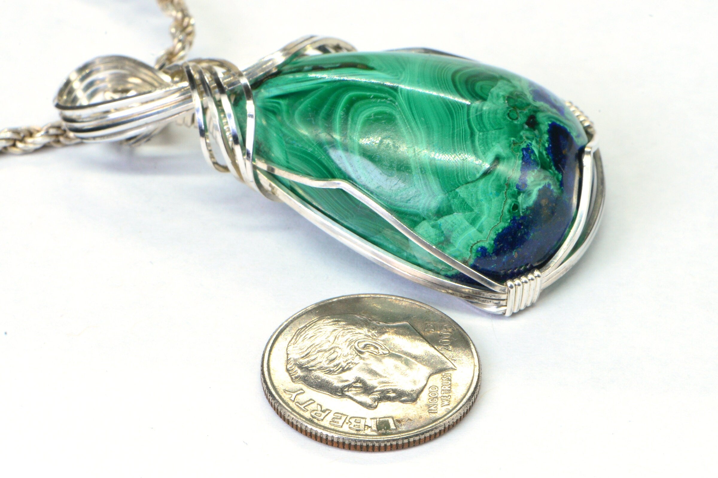 Azurite Malachite Cabochon Wire Wrapped Pendant Sterling silver Large Natural Gemstone AAA