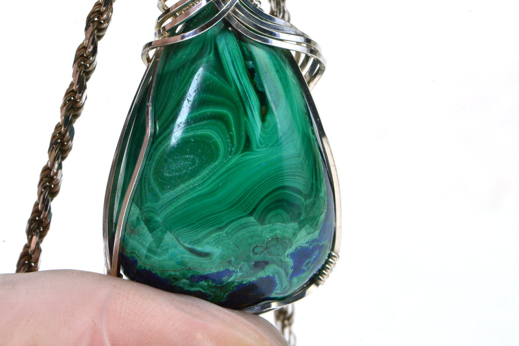 Azurite Malachite Cabochon Wire Wrapped Pendant Sterling silver Large Natural Gemstone AAA