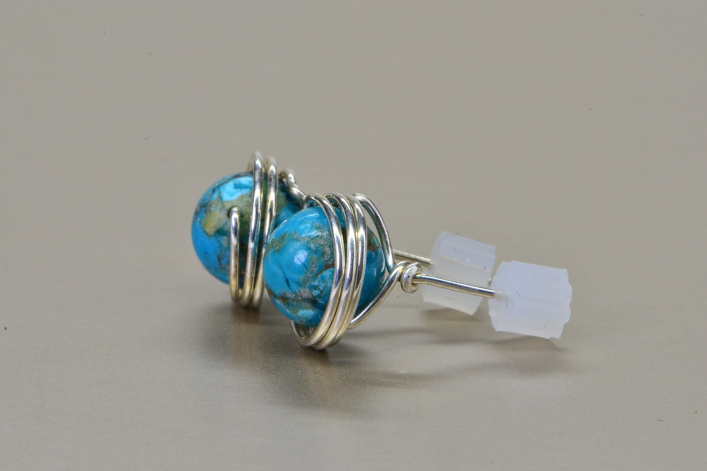 Kingman Turquoise Earrings: Sterling Silver Wire Wrapped Studs