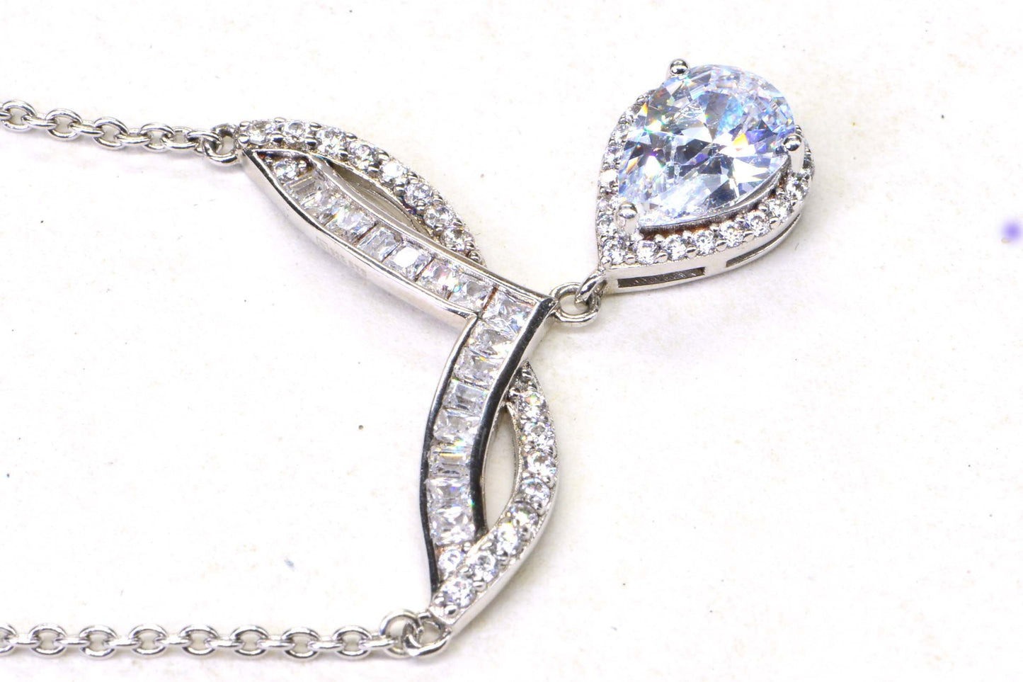 Teardrop Cubic Zirconia Necklace: Sterling Silver Bridal Lariat
