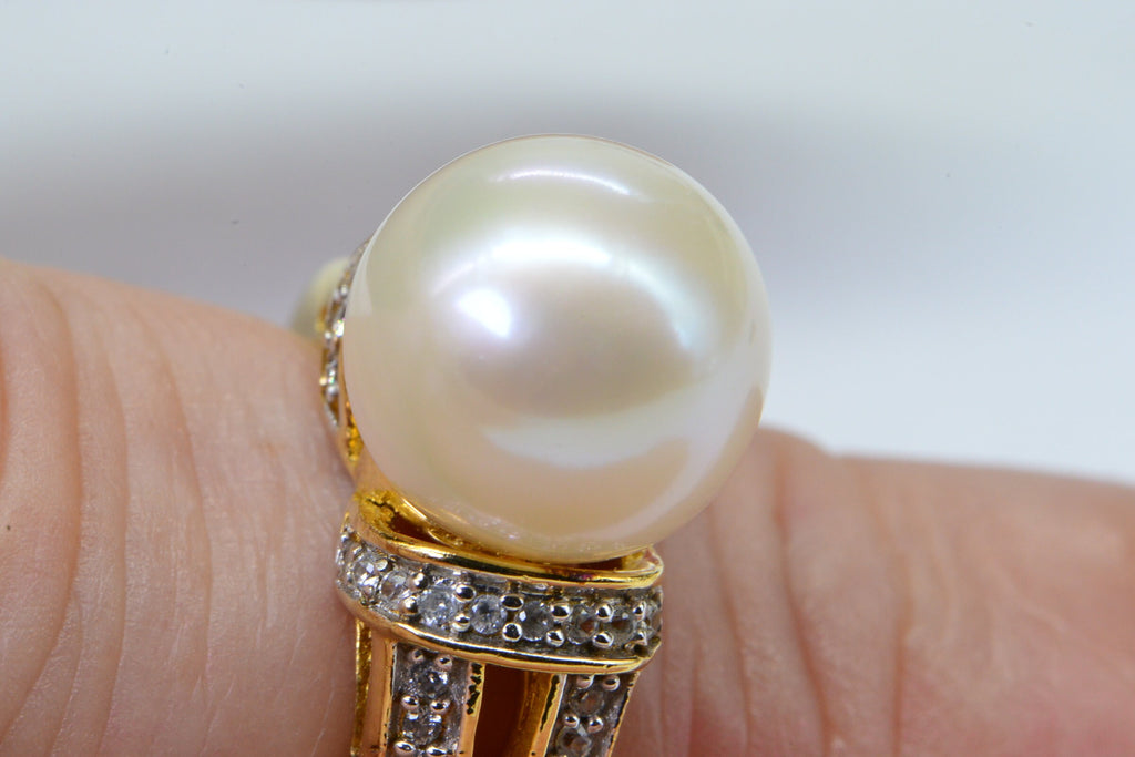 Australian South Sea Pearl Ring: 14K Yellow Gold over Sterling Silver