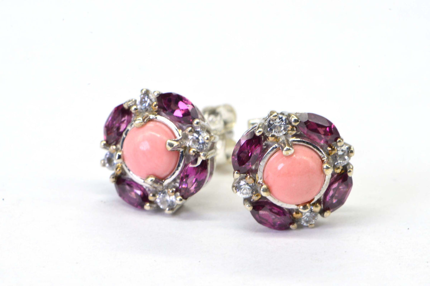 Pink Opal Rhodolite Garnet Earrings: Sterling Silver Cushion Studs