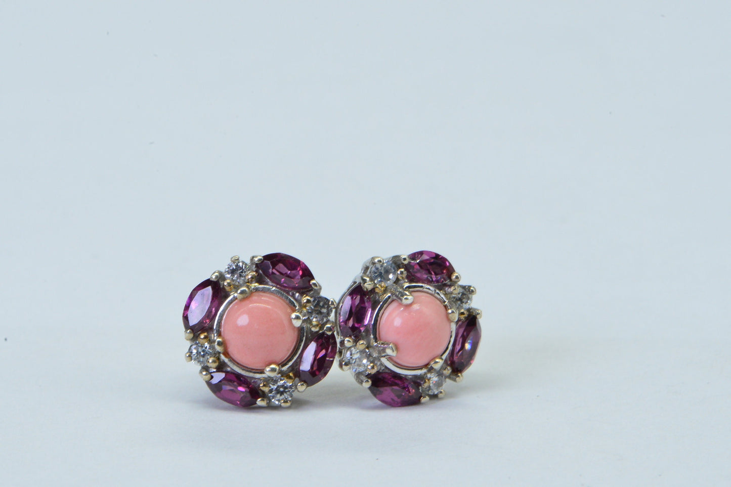 Pink Opal Rhodolite Garnet Earrings: Sterling Silver Cushion Studs