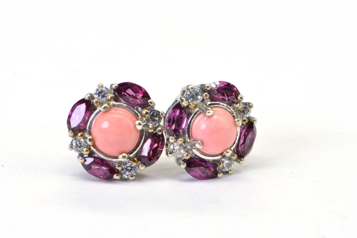 Pink Opal Rhodolite Garnet Earrings: Sterling Silver Cushion Studs