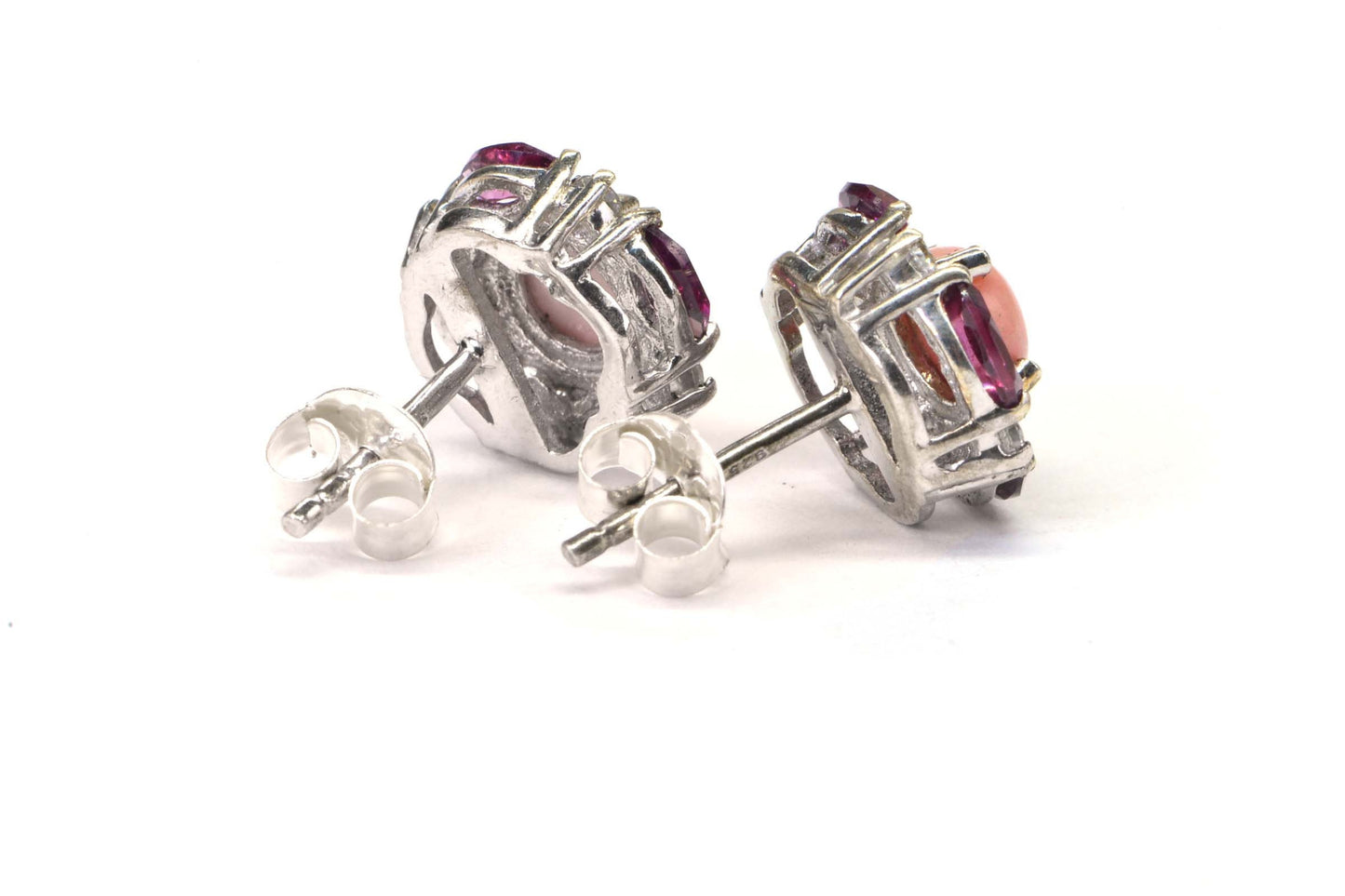 Pink Opal Rhodolite Garnet Earrings: Sterling Silver Cushion Studs