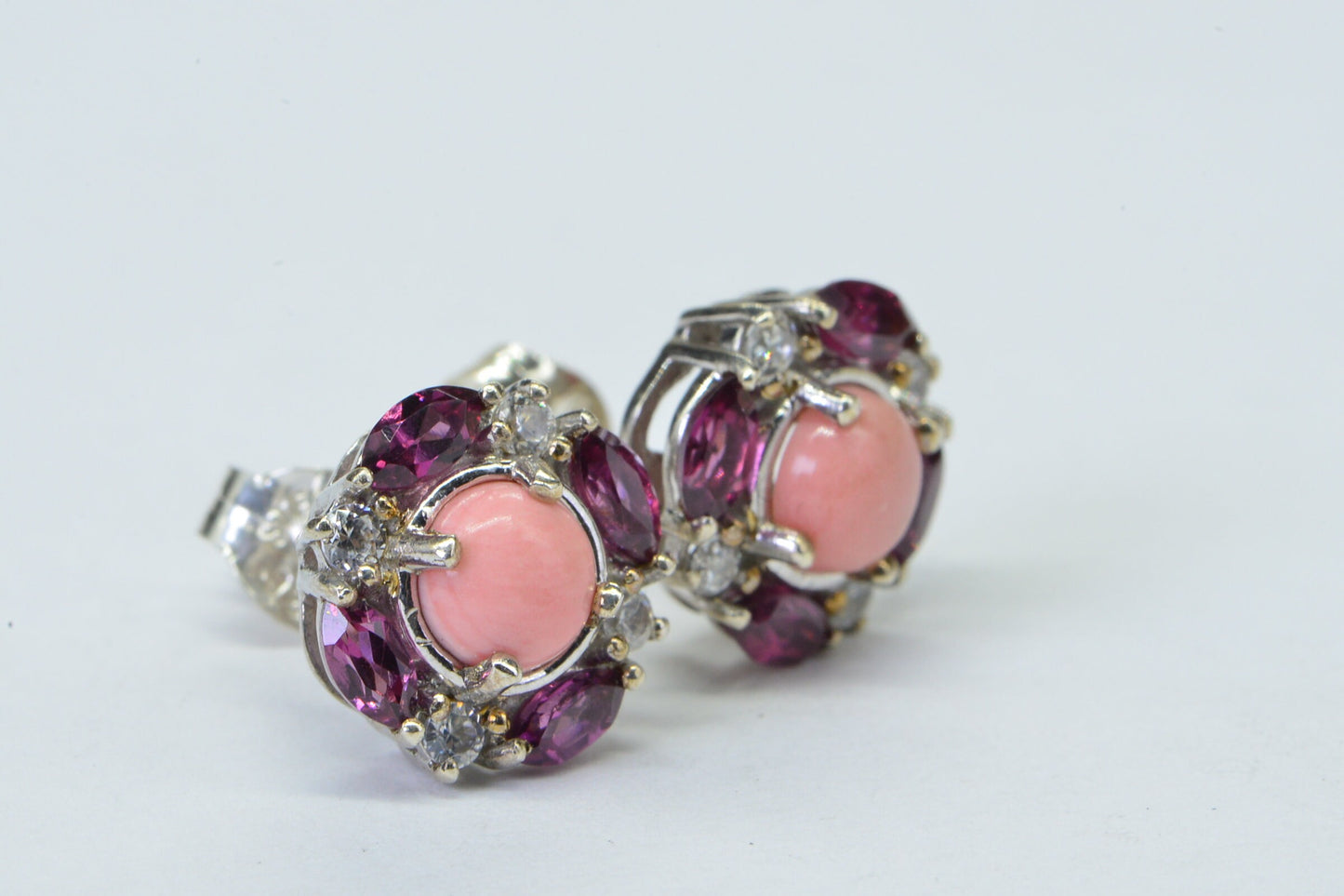 Pink Opal Rhodolite Garnet Earrings: Sterling Silver Cushion Studs