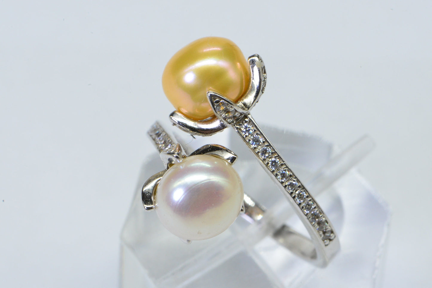 South Sea Pearl Ring: Sterling Silver CZ Halo, Adjustable Band