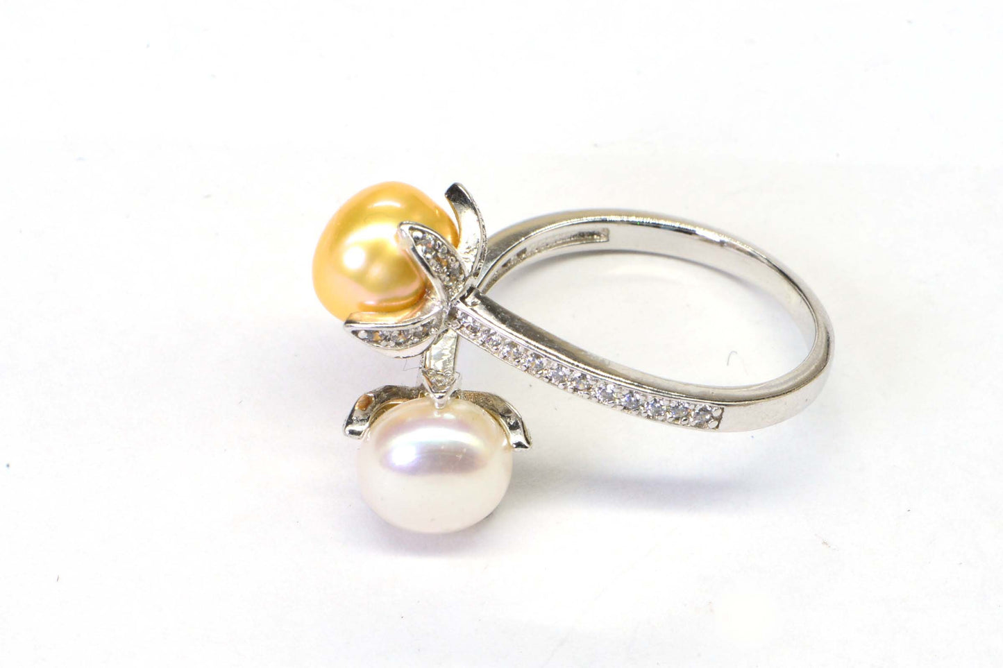 South Sea Pearl Ring: Sterling Silver CZ Halo, Adjustable Band