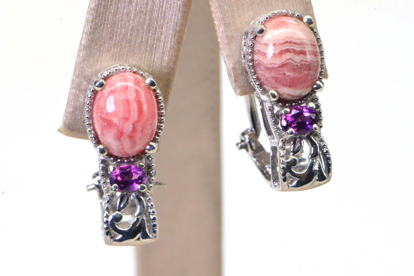 Rhodochrosite and  Rhodolite Garnet Carved flower Omega Loop Back  Earrings Oval Hot Pink Gemstone