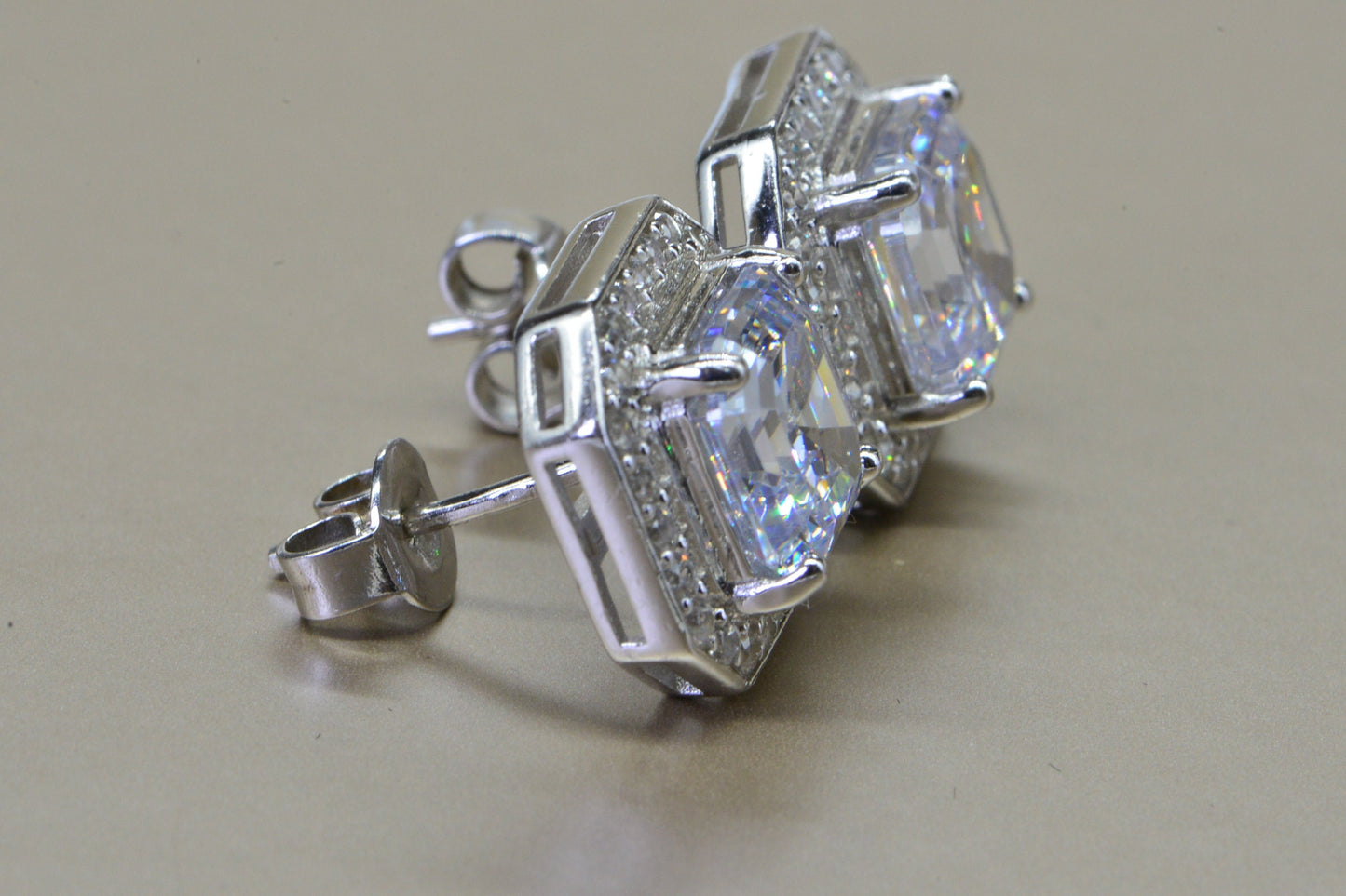 Princess Cut Simulated Diamond Stud Earrings: Sterling Silver Halo Style