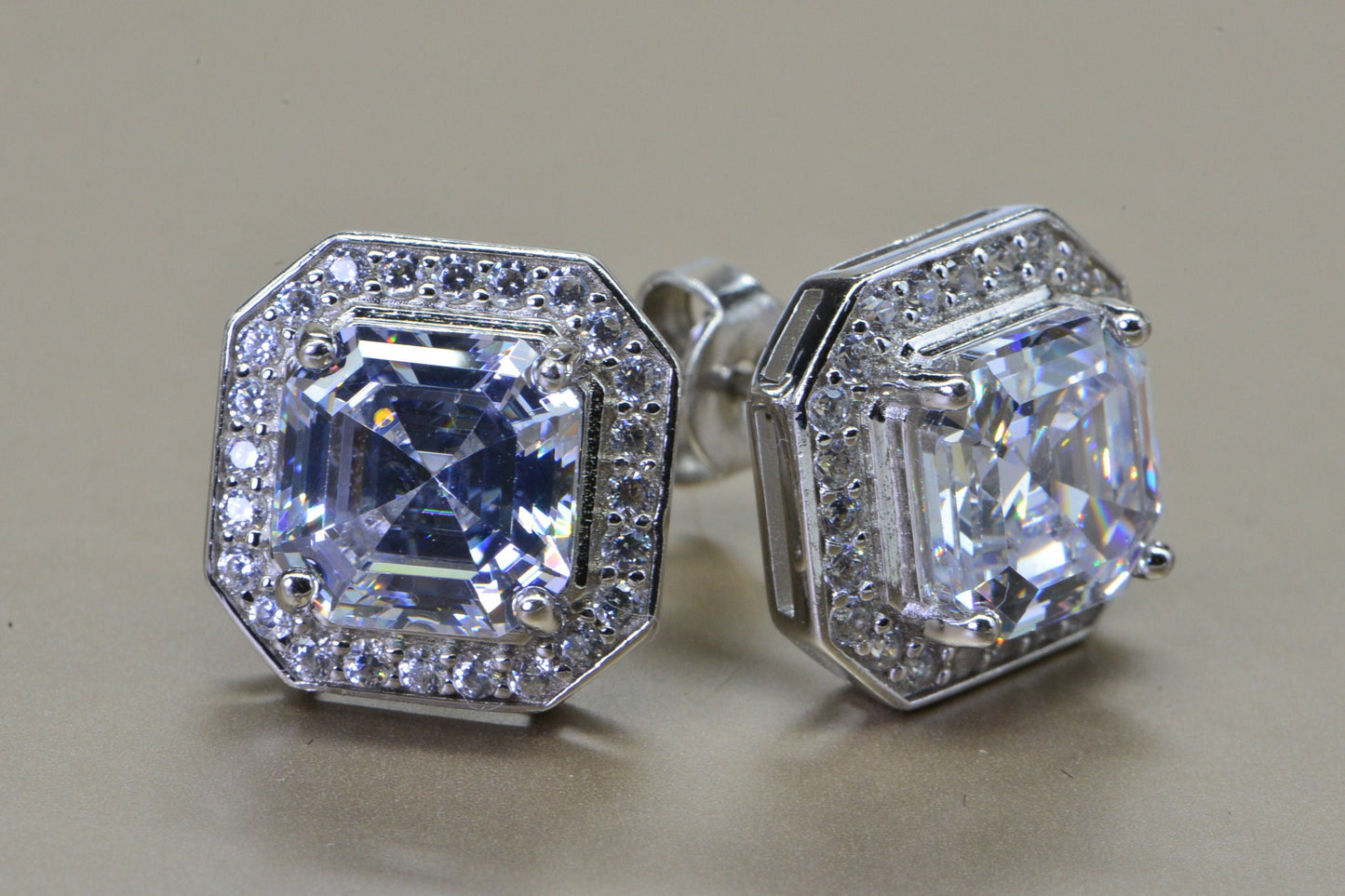 Princess Cut Simulated Diamond Stud Earrings: Sterling Silver Halo Style